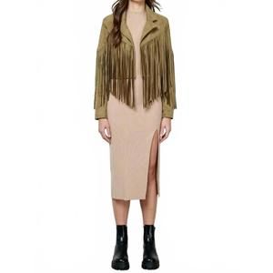 NEW TRENDSI veveret suede fringe long sleeve moto jacket in olive